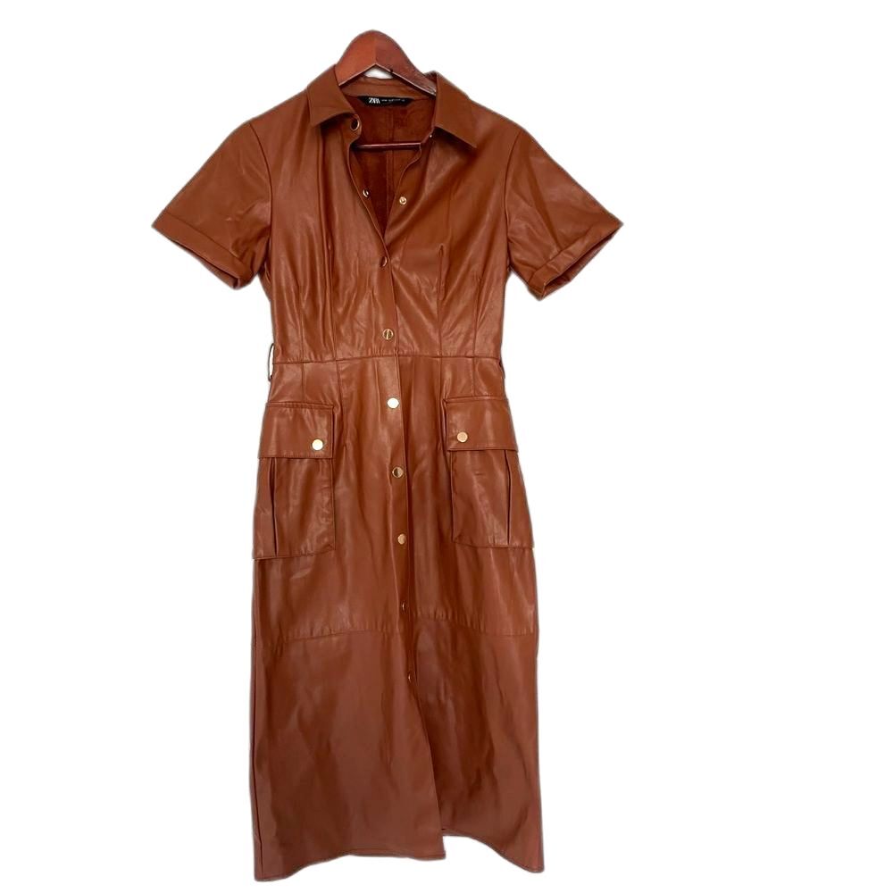 Zara Woman Brown Faux Leather Short Sleeved Button-Up Midi Dress Sz XS